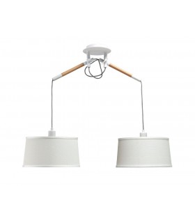 Ceiling Pendant with White Shade 2 Light E27, Matt White, Beech with Ivory White Shades - 1