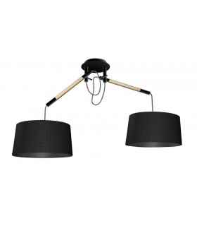 Ceiling Pendant with Black Shade 2 Light E27, Matt Black, Beech with Black Shades - 1