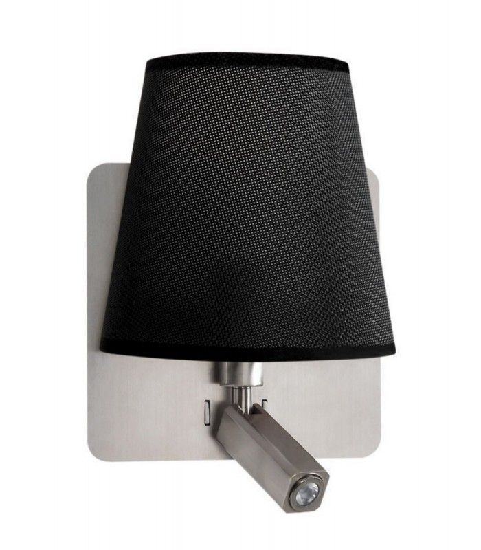 Wall Lamp with Large Back Plate 1 Light E27 + Reading Light 3W LED with Black Shade Satin Nickel 4000K, 200lm, - 1
