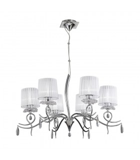 Ceiling Chandelier 6 Light E27 With White Shades Polished Chrome/Clear Crystal - 1