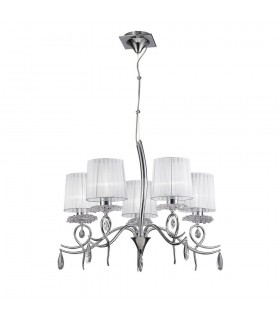 Ceiling Chandelier 5 Light E27 With White Shades Polished Chrome/Clear Crystal - 1