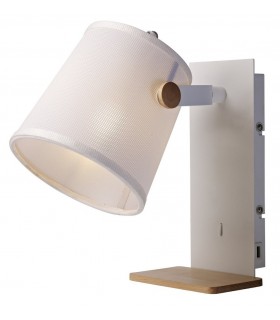 Wall Light with USB Socket, 1x23W E27, White, Beech with White Shade - 1