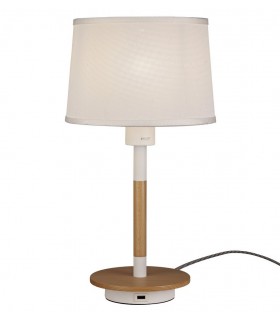 Table Lamp with USB Socket, 1x23W E27, White, Beech with White Shade - 1