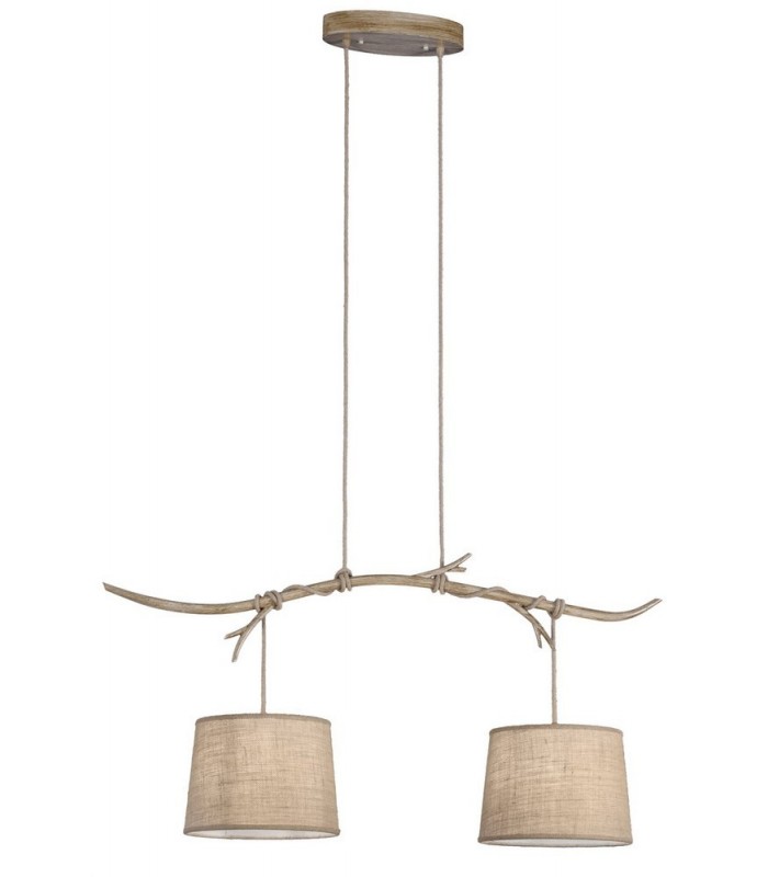 Ceiling Pendant 2 x E27 (Max 40W), Imitation Wood, Linen Shade - 1