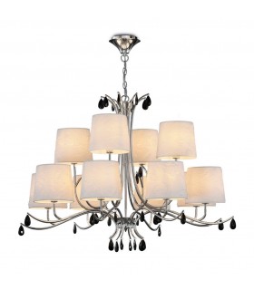 Ceiling Pendant 100cm Round, 8+4 x E14 (Max 20W), Polished Chrome, White Shades, Black Crystal Droplets - 1