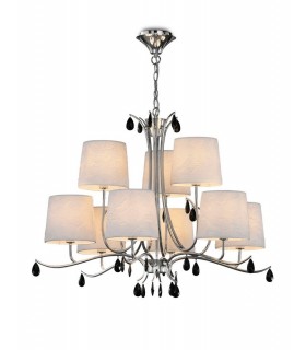Ceiling Pendant 88cm Round, 6+3 x E14 (Max 20W), Polished Chrome, White Shades, Black Crystal Droplets - 1