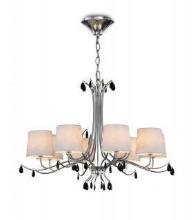 Ceiling Pendant 100cm Round, 8 x E14 (Max 20W), Polished Chrome, White Shades, Black Crystal Droplets - 1