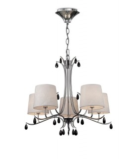 Ceiling Pendant 81.5cm Round, 5 x E14 (Max 20W), Polished Chrome, White Shades, Black Crystal Droplets - 1