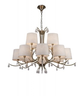 Ceiling Pendant 100cm Round, 8+4 x E14 (Max 20W), Antique Brass, White Shades, White Crystal Droplets - 1