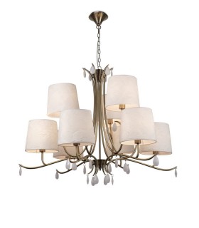 Ceiling Pendant 88cm Round, 6+3 x E14 (Max 20W), Antique Brass, White Shades, White Crystal Droplets - 1