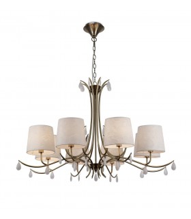 Ceiling Pendant 100cm Round, 8 x E14 (Max 20W), Antique Brass, White Shades, White Crystal Droplets - 1