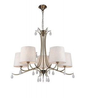 Ceiling Pendant 81.5cm Round, 5 x E14 (Max 20W), Antique Brass, White Shades, White Crystal Droplets - 1
