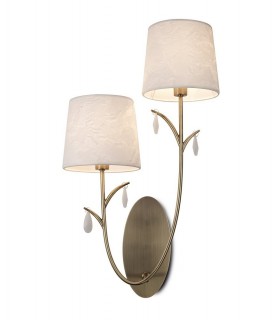 Wall Light, 2 x E14 (Max 20W), Antique Brass, White Shades, White Crystal Droplets - 1