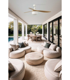 Outwood 150cm Ceiling Fan White, Light Oak Blades, E27 Light, IP44