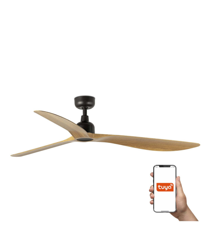 Outwood L Brown/Light Oak Wood Fan Ip44 Tuya-1