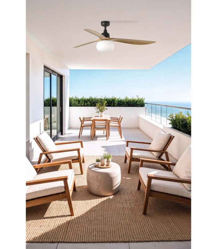 Outwood 150cm Smart Ceiling Fan Dark Brown, Light Oak Blades, E27 Light, IP44