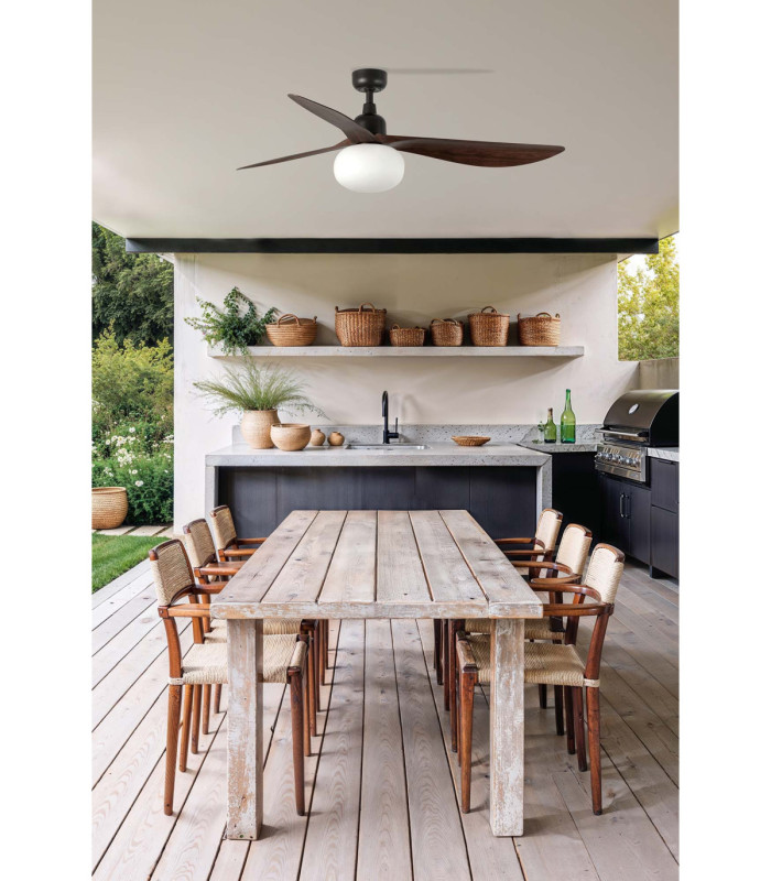 Outwood 150cm Smart Ceiling Fan Dark Brown, Walnut Blades, E27 Light, IP44