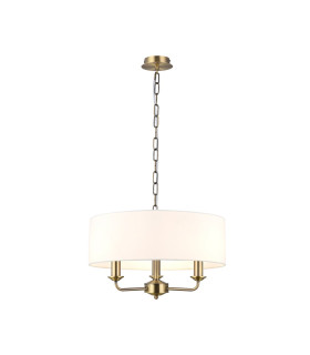 Banyan 3 Light Multi Arm Pendant E14 Antique Brass With 45cm x 15cm Faux Silk Shade White-1