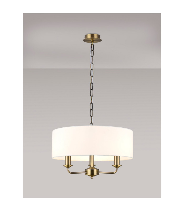 Banyan 3 Light Multi Arm Pendant E14 Antique Brass With 45cm x 15cm Faux Silk Shade White-2
