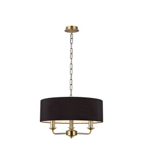 Banyan 3 Light Multi Arm Pendant E14 Antique Brass With 45cm x 15cm Faux Silk Shade Black-1