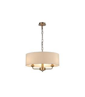 Banyan 3 Light Multi Arm Pendant E14 Antique Brass With 45cm x 15cm Faux Silk Shade Ivory Pearl/White Laminate-1