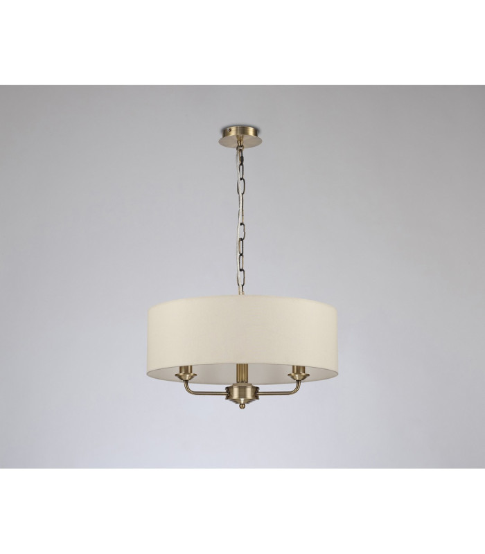 Banyan 3 Light Multi Arm Pendant E14 Antique Brass With 45cm x 15cm Faux Silk Shade Ivory Pearl/White Laminate-11