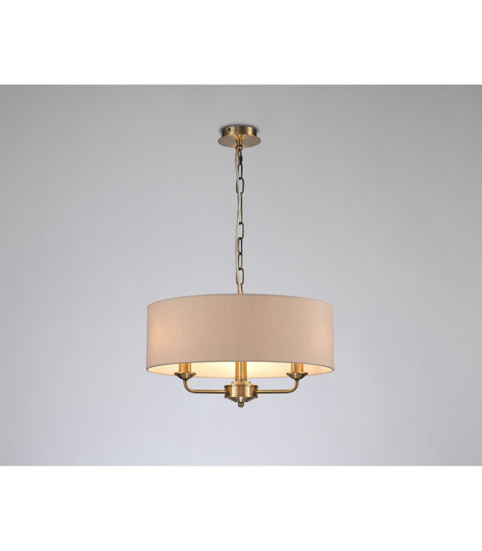Banyan 3 Light Multi Arm Pendant E14 Antique Brass With 45cm x 15cm Dual Faux Silk Shade Nude Beige/Moonlight-2