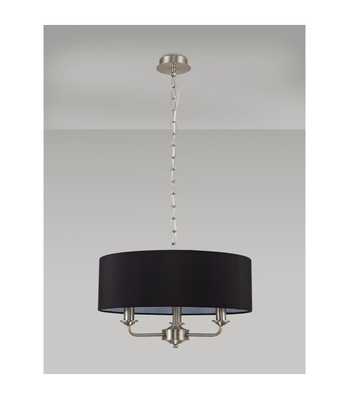Banyan 3 Light Multi Arm Pendant E14 Satin Nickel With 45cm x 15cm Faux Silk Shade Black-11