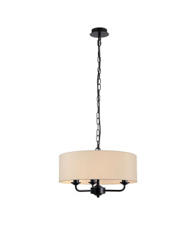 Banyan 3 Light Multi Arm Pendant With 45cm x 15cm Faux Silk Fabric Shade Matt Black/Ivory Pearl-1