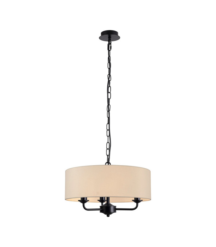 Banyan 3 Light Multi Arm Pendant With 45cm x 15cm Faux Silk Fabric Shade Matt Black/Ivory Pearl-1