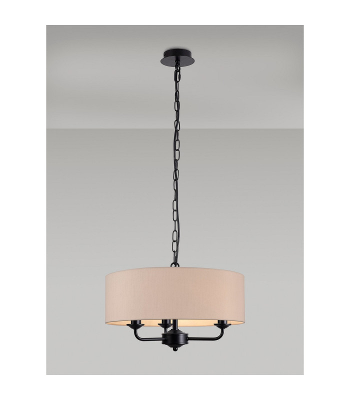 Banyan 3 Light Multi Arm Pendant With 45cm x 15cm Dual Faux Silk Fabric Shade Matt Black/Nude Beige-2