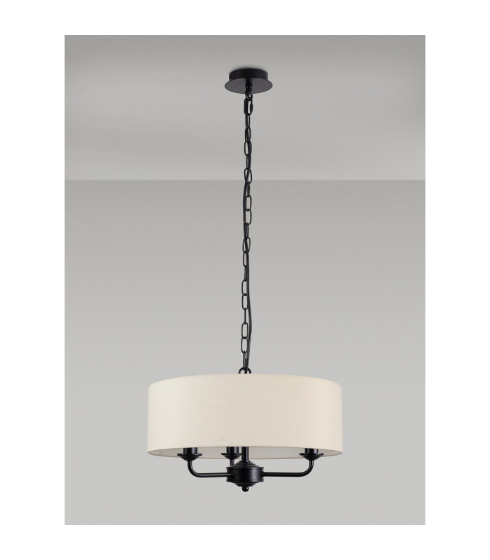 Banyan 3 Light Multi Arm Pendant With 45cm x 15cm Faux Silk Fabric Shade Matt Black/Ivory Pearl-11