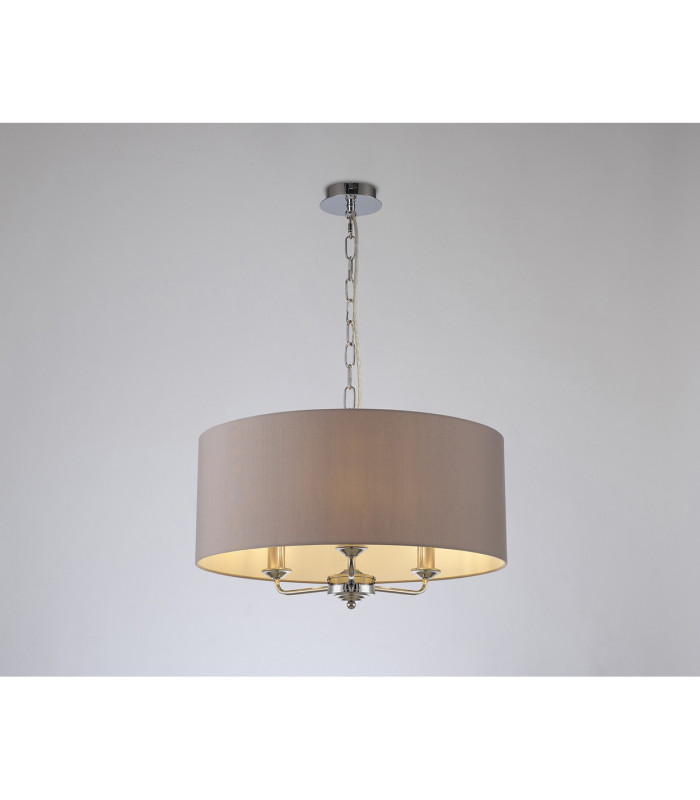 Banyan 3 Light Multi Arm Pendant E14 Polished Chrome With 50cm x 20cm Faux Silk Shade Grey/White Laminate-2
