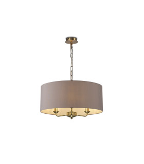 Banyan 3 Light Multi Arm Pendant E14 Antique Brass With 50cm x 20cm Faux Silk Shade Grey/White Laminate-1