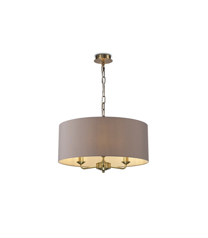 Banyan 3 Light Multi Arm Pendant E14 Antique Brass With 50cm x 20cm Faux Silk Shade Grey/White Laminate-1