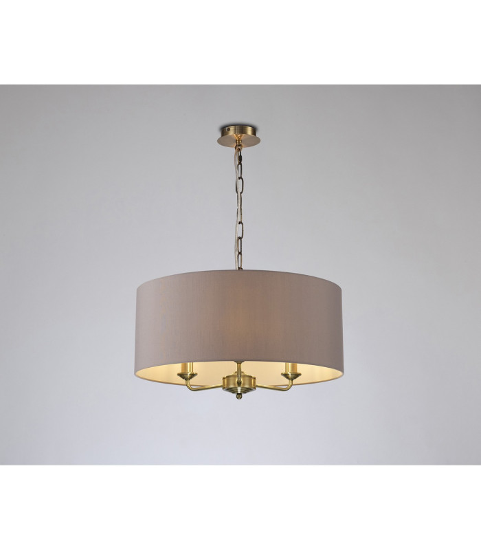 Banyan 3 Light Multi Arm Pendant E14 Antique Brass With 50cm x 20cm Faux Silk Shade Grey/White Laminate-2
