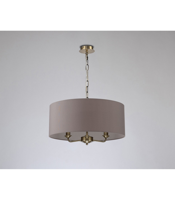 Banyan 3 Light Multi Arm Pendant E14 Antique Brass With 50cm x 20cm Faux Silk Shade Grey/White Laminate-11