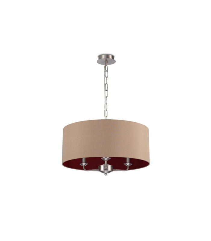 Banyan 3 Light Multi Arm Pendant E14 Satin Nickel With 50cm x 22cm Dual Faux Silk Shade Antique Gold/Ruby-4