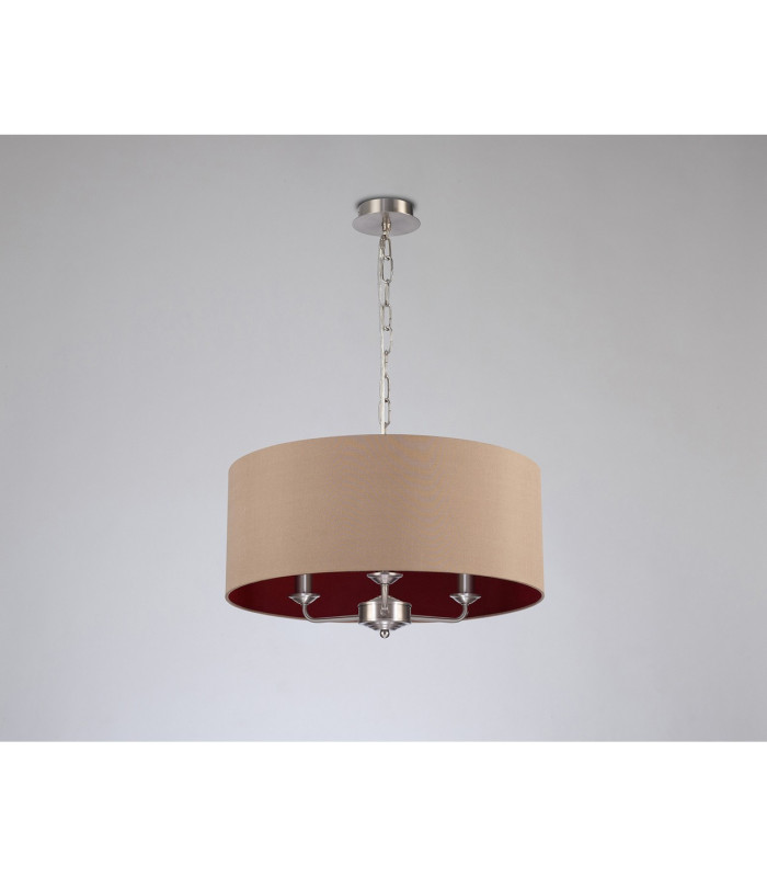 Banyan 3 Light Multi Arm Pendant E14 Satin Nickel With 50cm x 22cm Dual Faux Silk Shade Antique Gold/Ruby-11