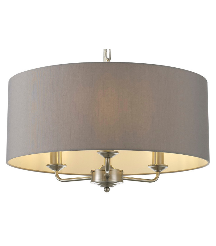 Banyan 3 Light Multi Arm Pendant E14 Satin Nickel With 50cm x 22cm Faux Silk Shade Grey/White Laminate-6