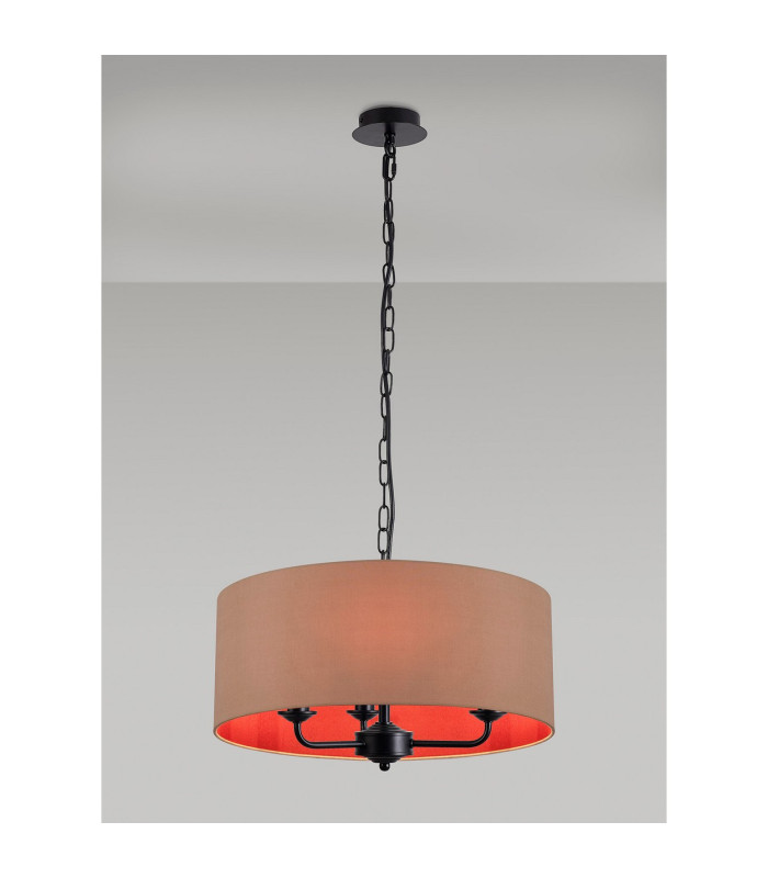 Banyan 3 Light Multi Arm Pendant With 50cm x 20cm Dual Faux Silk Fabric Shade Matt Black/Antique Gold-2