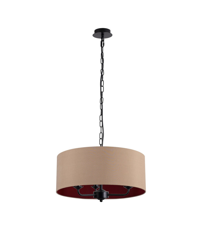 Banyan 3 Light Multi Arm Pendant With 50cm x 20cm Dual Faux Silk Fabric Shade Matt Black/Antique Gold-4