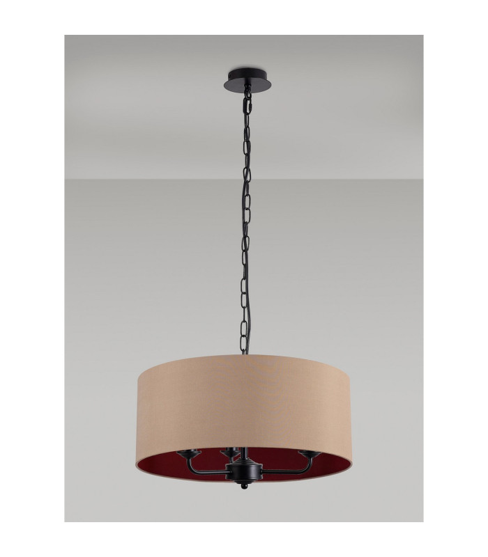 Banyan 3 Light Multi Arm Pendant With 50cm x 20cm Dual Faux Silk Fabric Shade Matt Black/Antique Gold-11