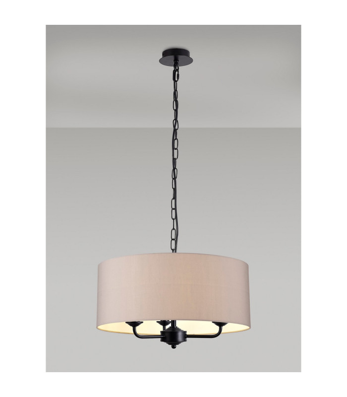 Banyan 3 Light Multi Arm Pendant With 50cm x 20cm Faux Silk Fabric Shade Matt Black/Grey-2