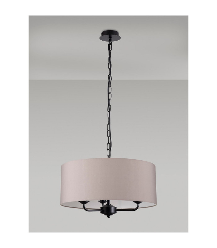 Banyan 3 Light Multi Arm Pendant With 50cm x 20cm Faux Silk Fabric Shade Matt Black/Grey-11