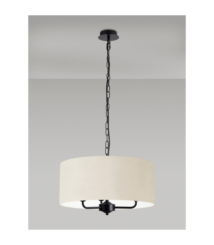 Banyan 3 Light Multi Arm Pendant With 50cm x 20cm Faux Silk Fabric Shade Matt Black/Ivory Pearl-11