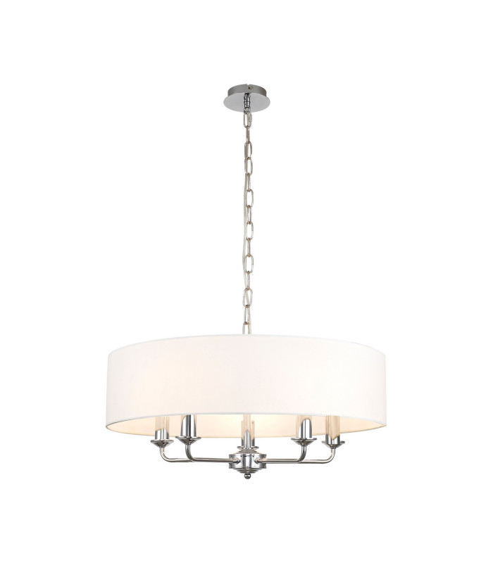 Banyan 5 Light Multi Arm Pendant E14 Polished Chrome With 60cm x 15cm Faux Silk Shade White-1