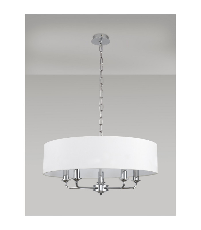 Banyan 5 Light Multi Arm Pendant E14 Polished Chrome With 60cm x 15cm Faux Silk Shade White-11