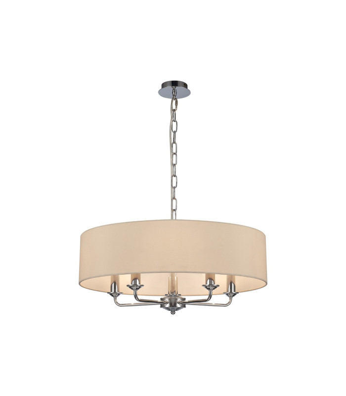 Banyan 5 Light Multi Arm Pendant E14 Polished Chrome With 60cm x 15cm Faux Silk Shade Ivory Pearl/White Laminate-1