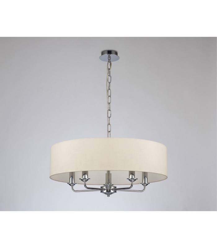 Banyan 5 Light Multi Arm Pendant E14 Polished Chrome With 60cm x 15cm Faux Silk Shade Ivory Pearl/White Laminate-11